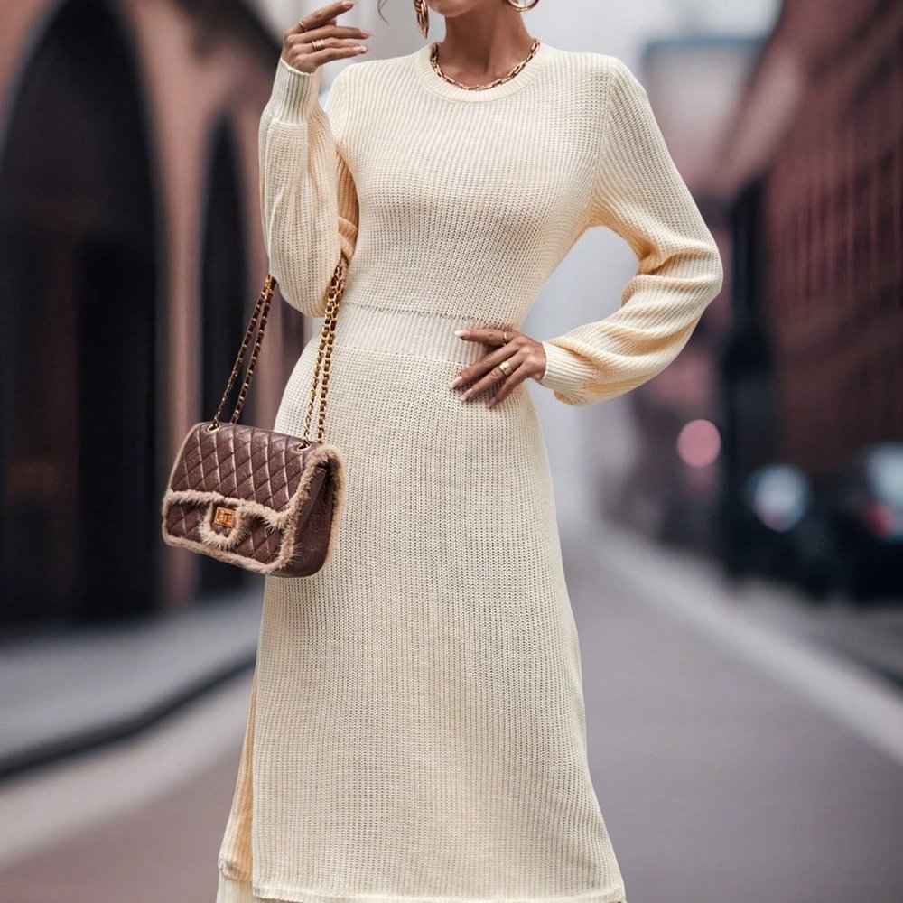 Apricot Casual Womens Fringe Hem Lantern Sleeve Sweater Dress - Picture 5 of 5